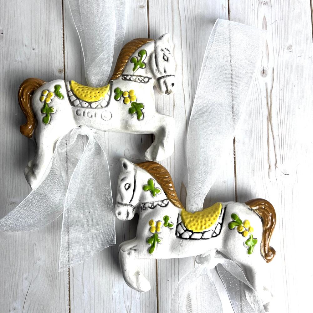 Pair GiGi VTG 70s Carousel Horse Ceramic Figurine Decor Ornament White Fairytale
